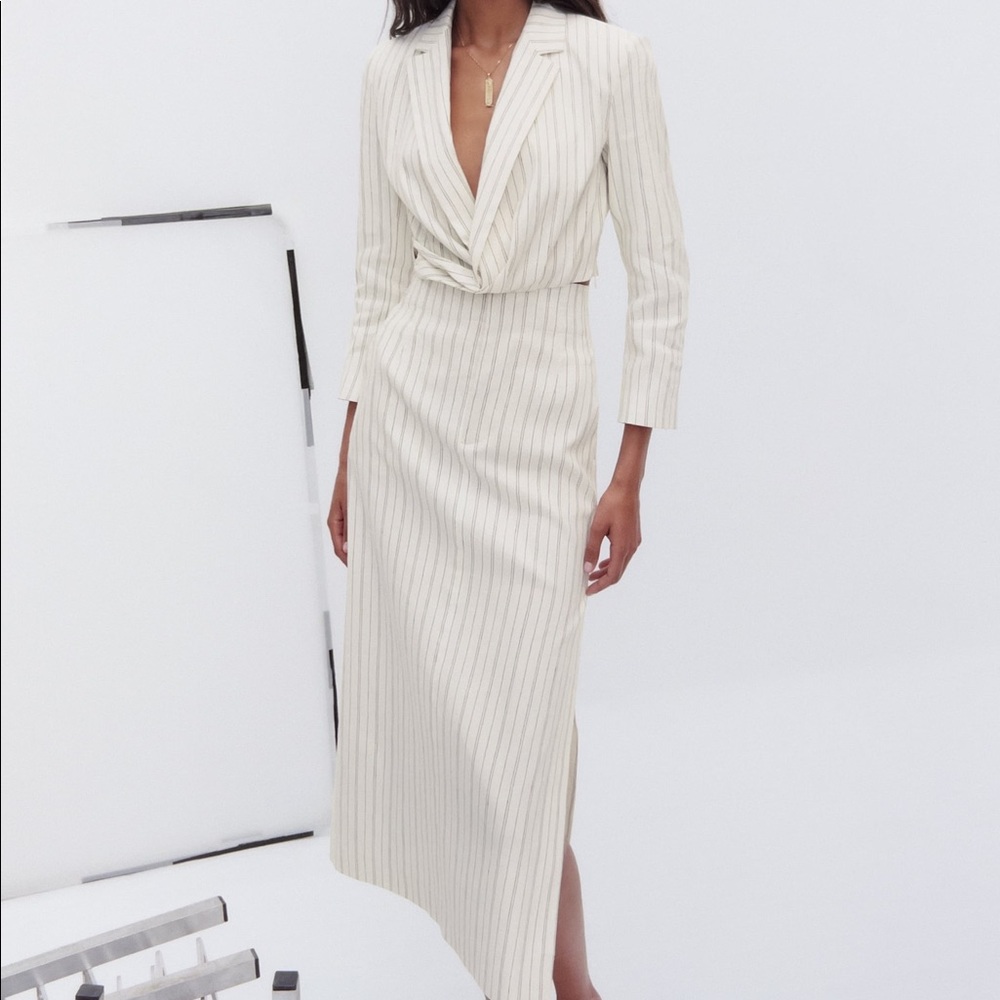 Cream Pinstripe Midi Skirt - Elegant Tailored Style